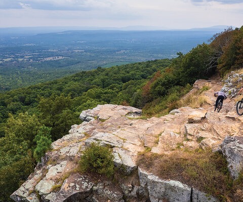 Andrew Marcum leads Sebastian Kersh down a rocky bit of the Sunrise Loop at Mount Nebo State Park near Dardanelle. Jutting up nearly 1,400 feet from the valley floor below, Nebo offers some of the longest sustained descending in all of Arkansas. Collin Sigars | DJI 1/640 sec, f/2.8, ISO 100